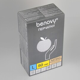 Перчатки "Benovy"латексные смотровые опудренные гладкие, р. L,  50 пар