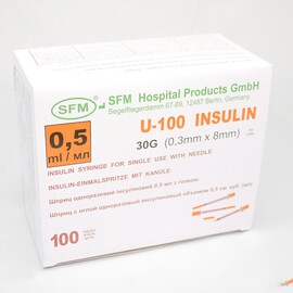 Шприц инсулиновый SFM 0,5мл U-100 с интегрирированной иглой 0,30*8,0 - 30G,