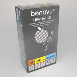 Перчатки "Benovy" нитриловые смотровые текстурированные неопудренные, голубые, р. М, 100 пар